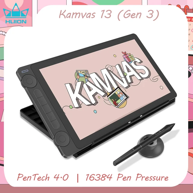 Huion Kamvas 13 Gen 3 Drawing Display 13.3" Art Tablet+Anti-sparkle Canvas Glass, 99% sRGB, PenTech 4.0 16384 Pen Pressure