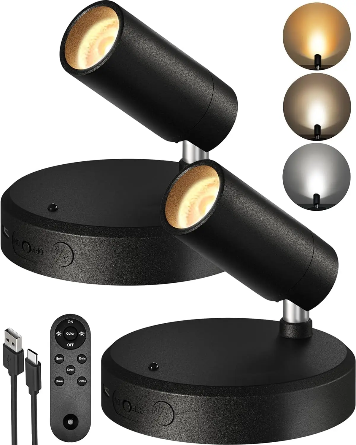 Rechargeable Magnetic Spotlight 2 Pack - Wireless Battery Powered LED Spot Lights- Adjustable Dimmable Uplight Indoor, Black