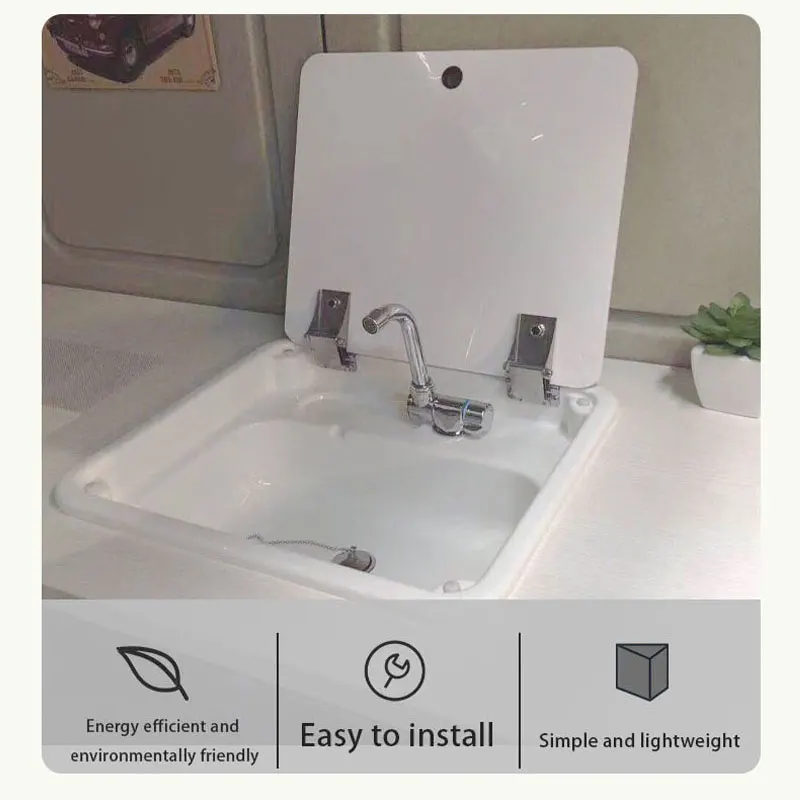RV Bathroom Sink With Cover White Single Bow Lavatory Sink Camper Sink Plastic