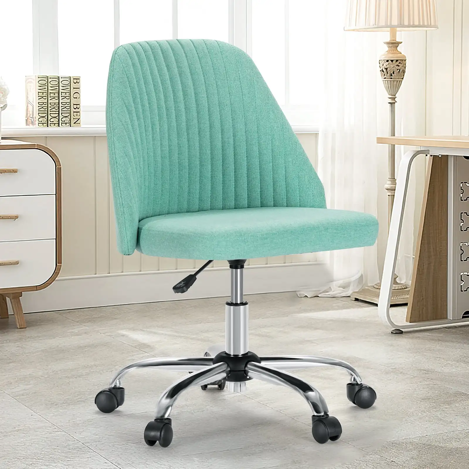 

Adjustable Rolling Home Office Chair Armless Task Chair Mid-Back Make Up Vanity Chair, Green