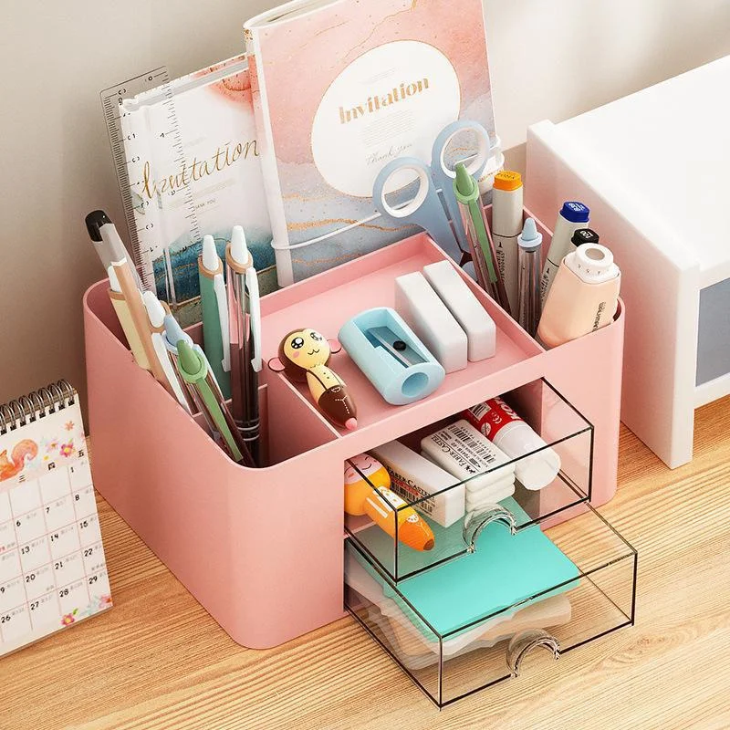 Creative Transparent Drawer Storage Box Desktop Cosmetics Organizer Student Large Capacity Pen Holder School Office