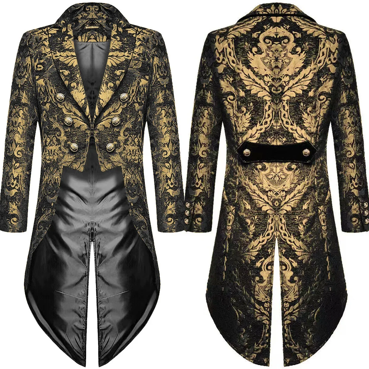 

2024 Men's Autumn Fashion Gothic Steampunk Tailcoat Jacket Black Brocade Wedding Coat