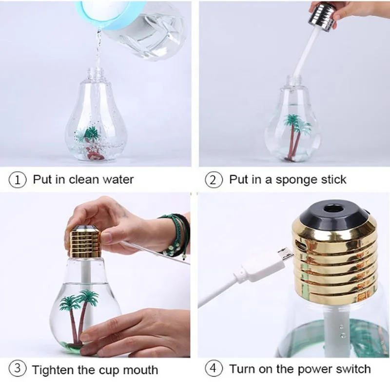 Colorful Light Bulb Humidifier Usb Night Light Desktop Led Lights Home Bedroom Office Study Car Air Humidifier Ambience