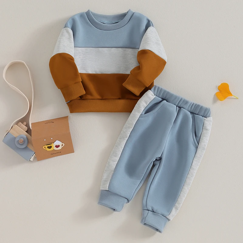 

Toddler Fall Outfits Baby Boy Winter Spring Clothes Contrast Color Long Sleeve Crewneck Sweatshirt and Pant Sets