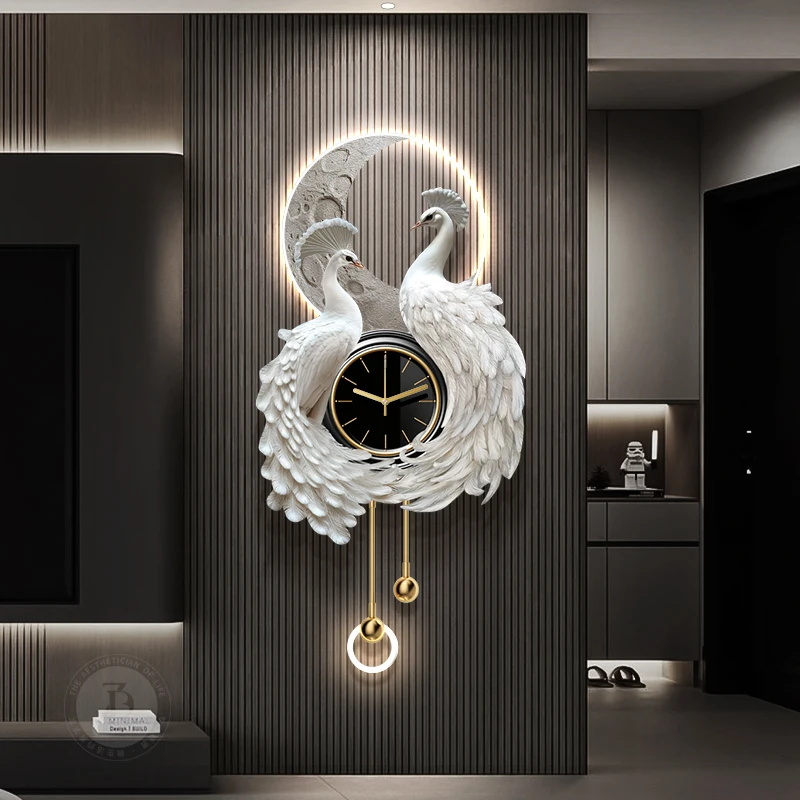 لوحة تزيين جدارية لخلفية غرفة المعيشة على مدار الساعة الراقية، لوحة معلقة على شكل طاووس ثلاثية الأبعاد، مصباح جداري إبداعي