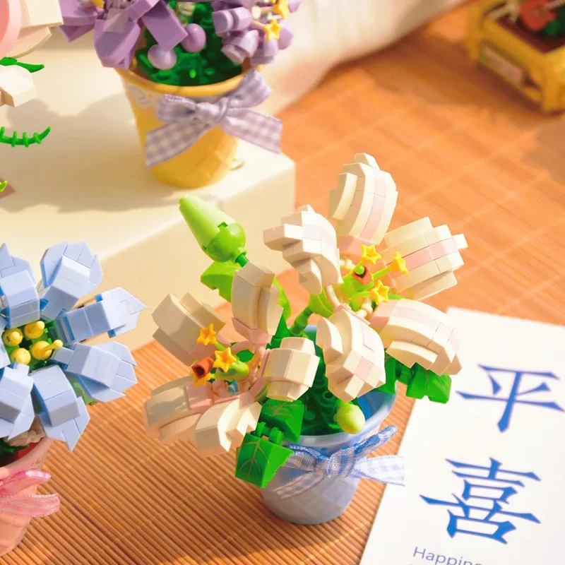 꽃 빌딩 블록 장난감, 분재 화분에 심은 꽃 DIY 선물, 홈 데코, 어버이날 생일, R 선물, 성인 및 어린이