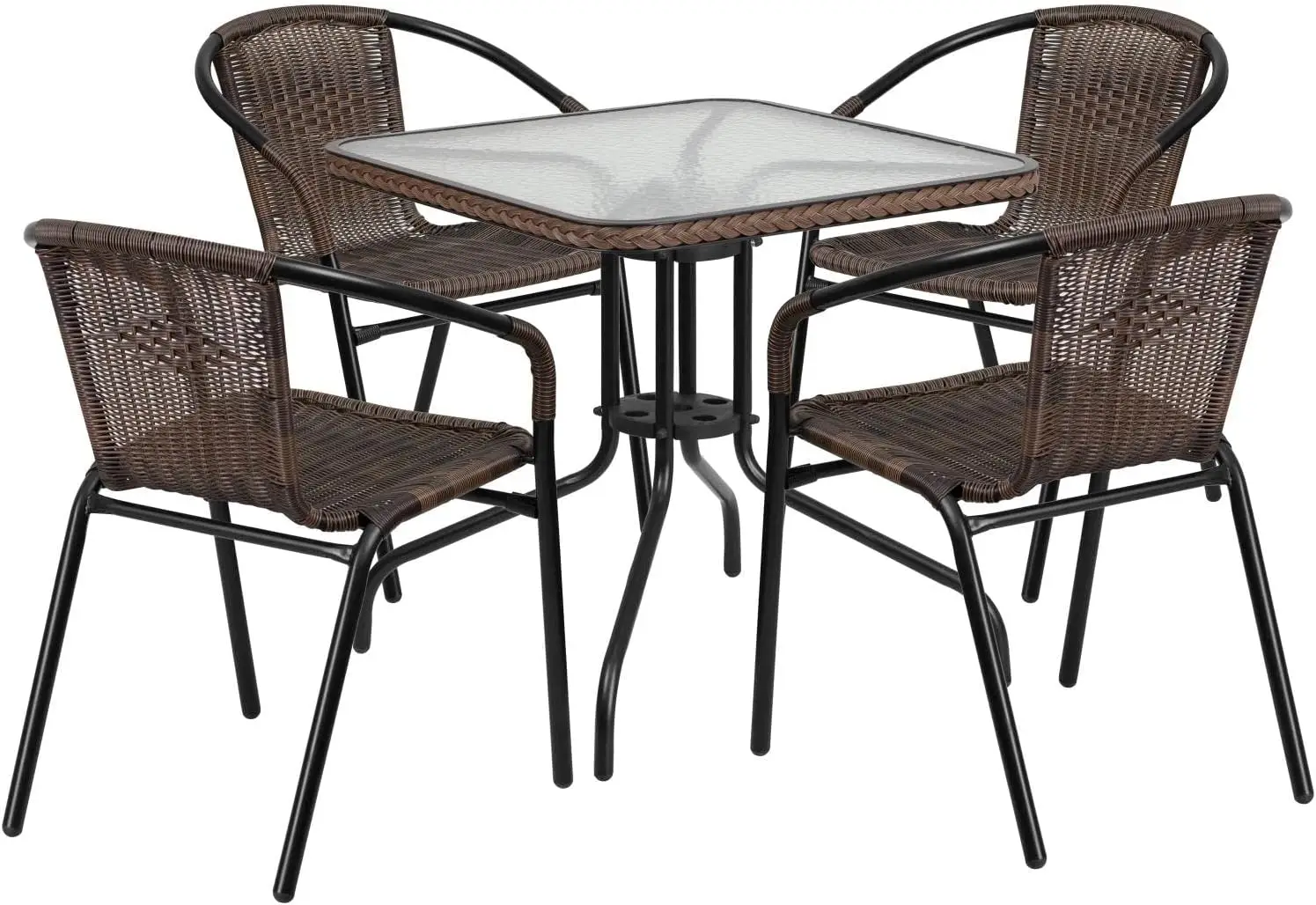 Lila 28'' Square Glass Metal Table with Dark Brown Rattan Edging and 4 Dark Brown Rattan Stack Chairs