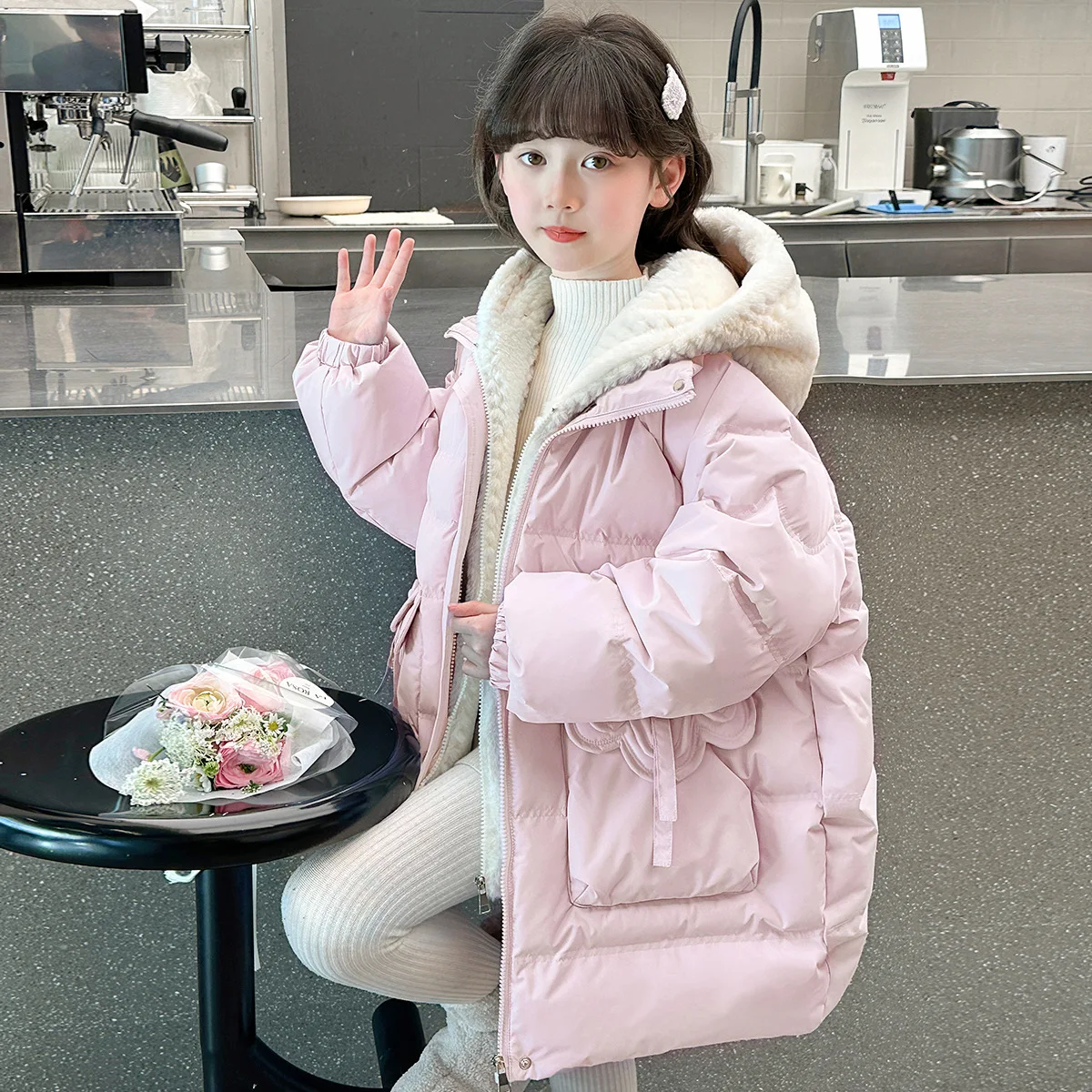 겨울 소녀용 페이크 투피스 후드 두꺼운 따뜻한 파카 어린이 코트 아우터웨어