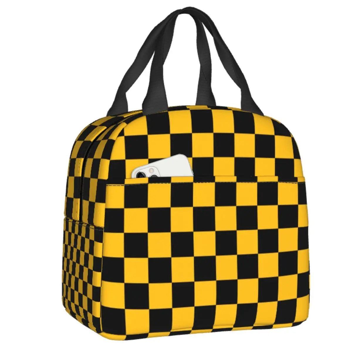 

Black Yellow Checkerboard Pattern Thermal Insulated Lunch Bag Women Checkered Lunch Tote for Work School Travel Storage Food Box