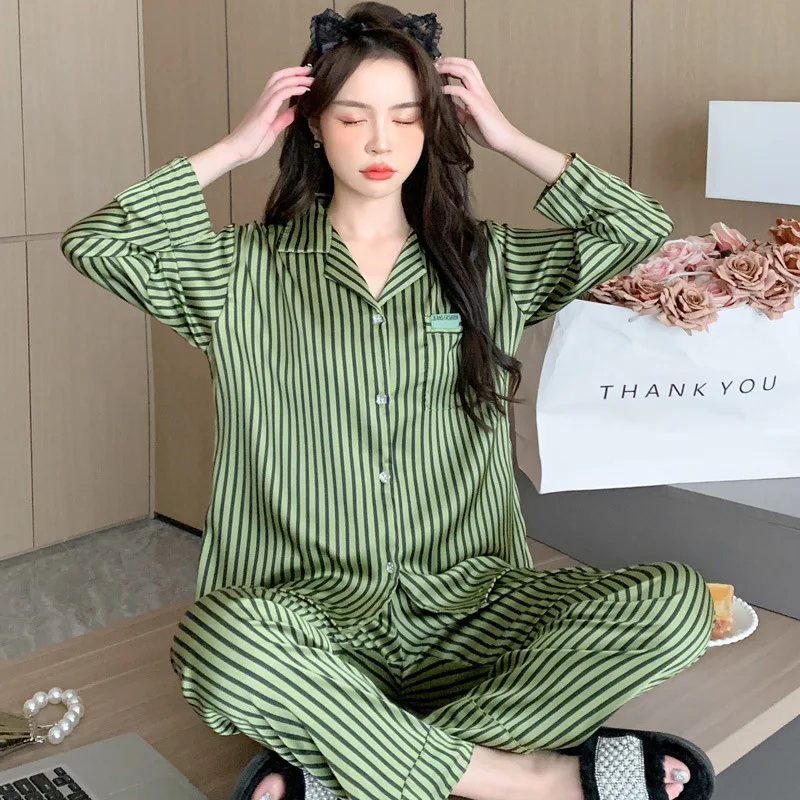 Women 2 Piece Pajamas Sets Green Striped Pijama Faux Silk Satin Lapel Pyjama Female Sleepwear Long Sleeve Shirt Pants Homewear