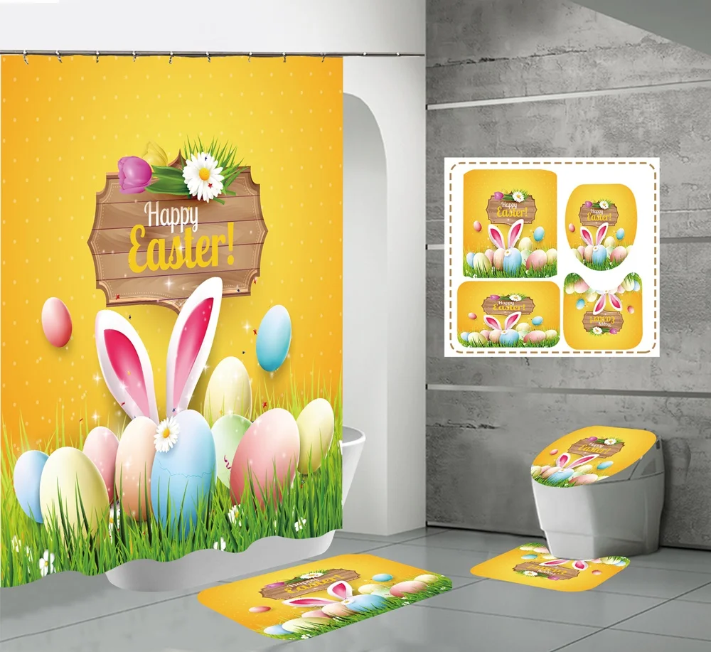 

Easter Eggs Shower Curtain Waterproof Cartoon Rabbit Ears Daisy Bathroom Curtains Set Weed Yellow Bath Mat Toilet Lid Cover Home