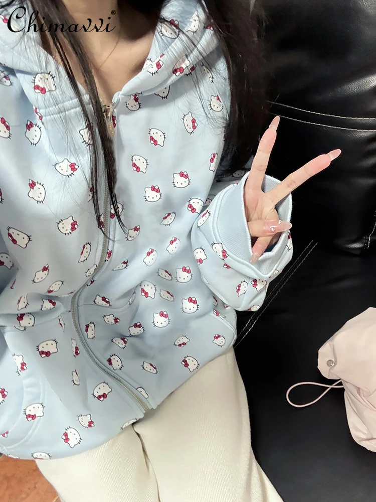 Japanese Style Cute Fashion Cartoon Printed Hooded Coat Women 2024 Autumn New Larger Size Loose Long Sleeve Sweet Sweatshirts