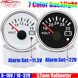 7 Color Backlight 52mm Voltmeter with Alarm 8~16V VOLTS 18~32V Voltage for Gasoline Diesel Automobile Car Marine 12V 24V