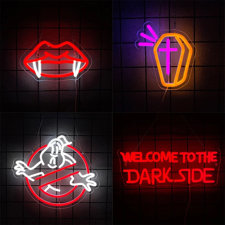 Insegne al neon Benvenuti al lato scuro per decorazioni murali, luce ispirata per sale giochi Bar di grotta uomo Decorazioni per feste di Halloween