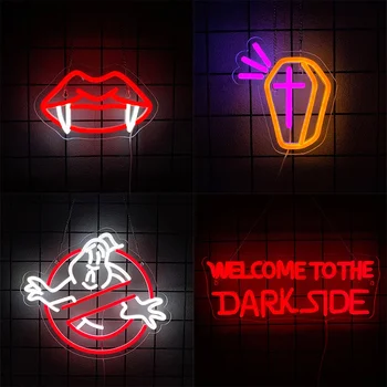 Insegne al neon Benvenuti al lato scuro per decorazioni murali, luce ispirata per sale giochi Bar di grotta uomo Decorazioni per feste di Halloween