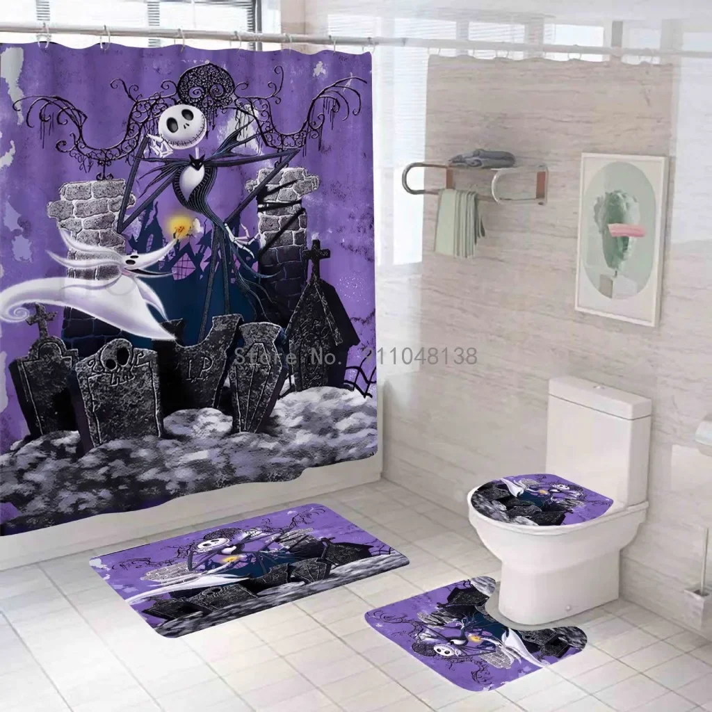 Nightmare Before Christmas Zombie Bride Jack Shower Curtain Sets Bathroom Halloween Decor with Hooks for Bathroom Waterproof