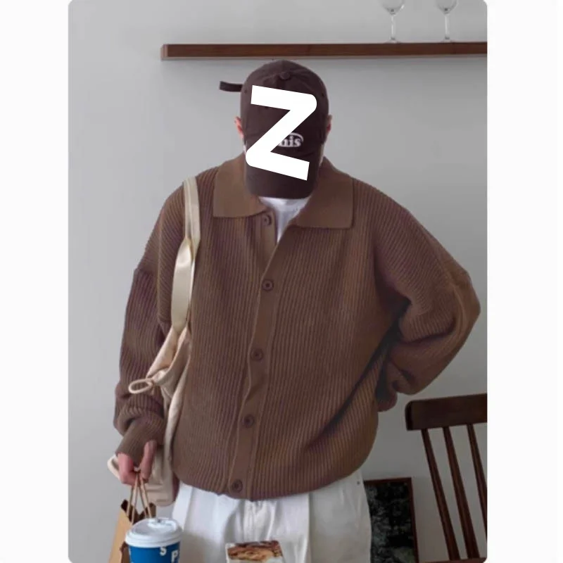 New Autumn and Winter Lapel Knitted Cardigan Jacket for Men Loose Lazy Style Sweater Korean Fashion Casual Top 3