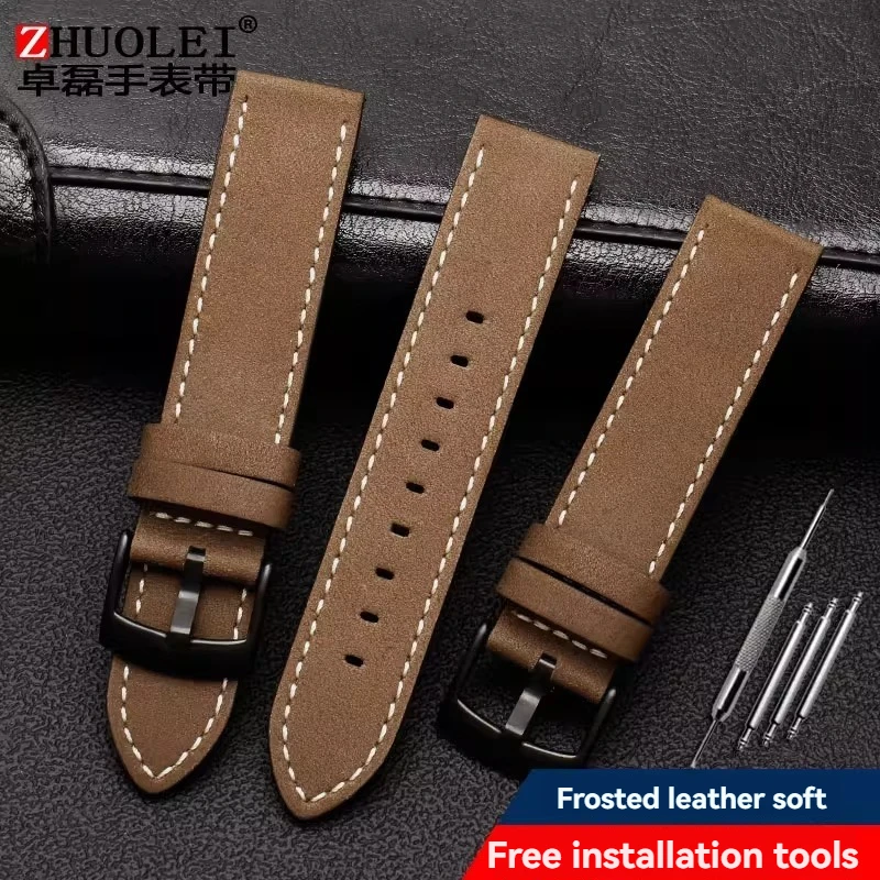 Genuine Leather Retro Matte Watch Band - 20/22mm Cowhide Strap