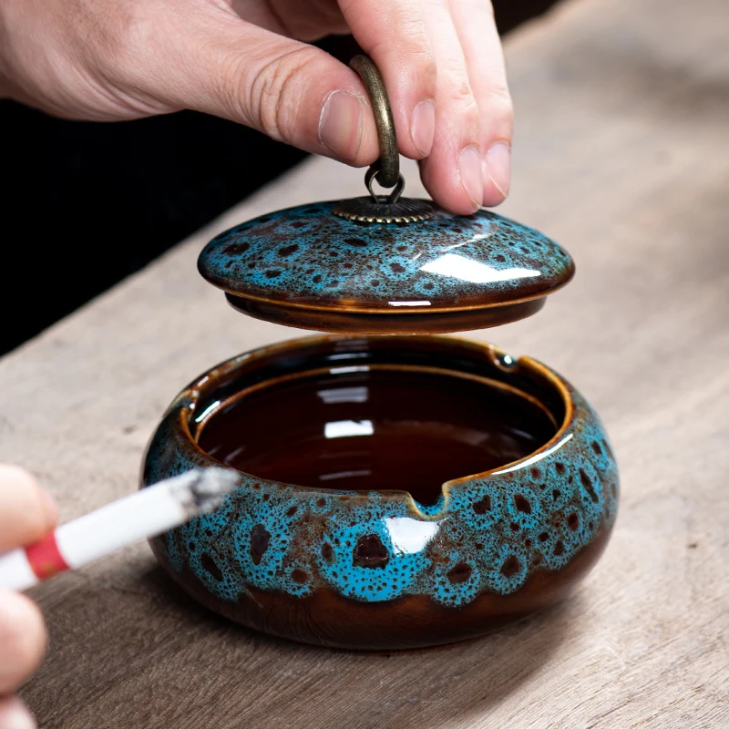 Round Ceramic Ashtray Living Room Anti Fly Ash with Lid Ashtray Cigar Ashtrays Home Decoration Accessories Send Boyfriend Gift