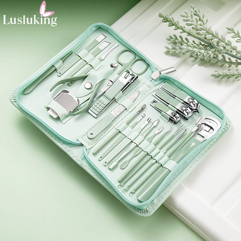 

Mint Green Manicure Set Pedicure Sets Nail Clipper Stainless Steel Nail Cutter Care Tools with Travel Portable Case Kit