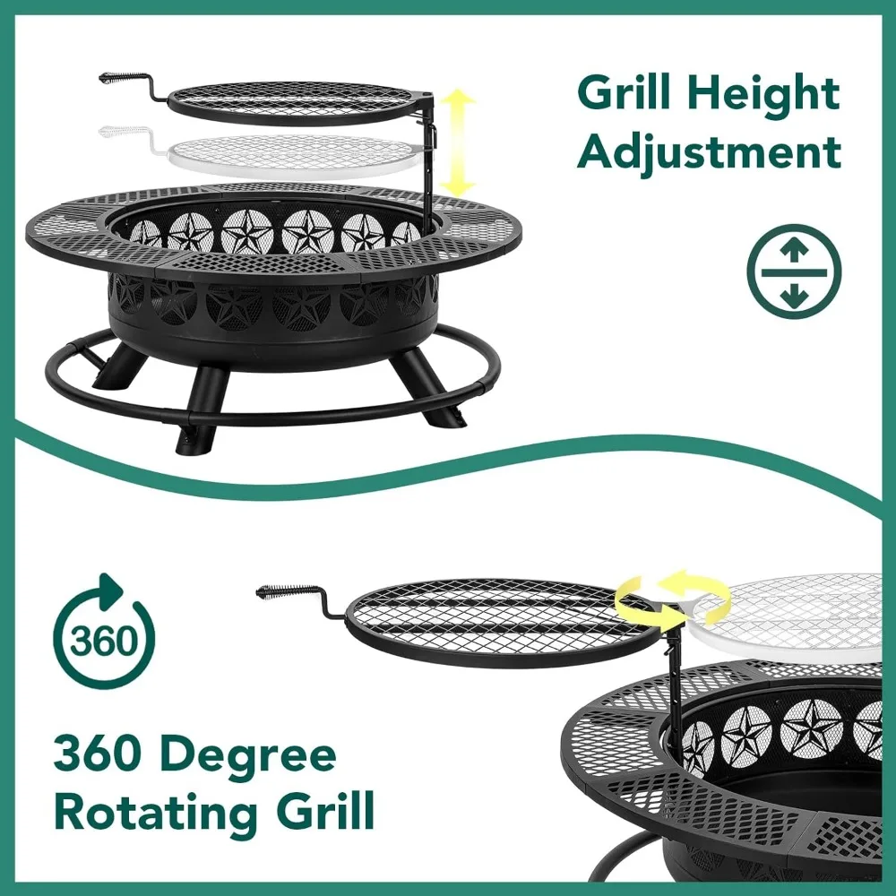 42 Inch BBQ Fire Pit with Grill, Large Outdoor Wooding Burning Fire Pit for Camping,Picnic,Bonfire,3-in-1 Round Metal Table