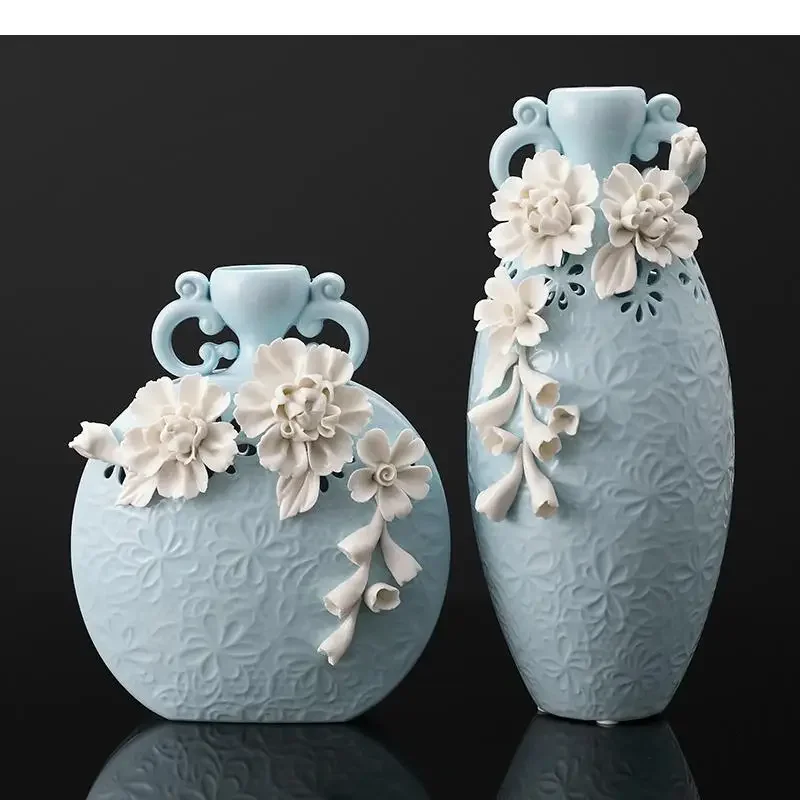 

Flowers Arrangement Creativity Container Embossed Home Decoration European Flower Blue Vase Desktop Decorations Ceramic Style