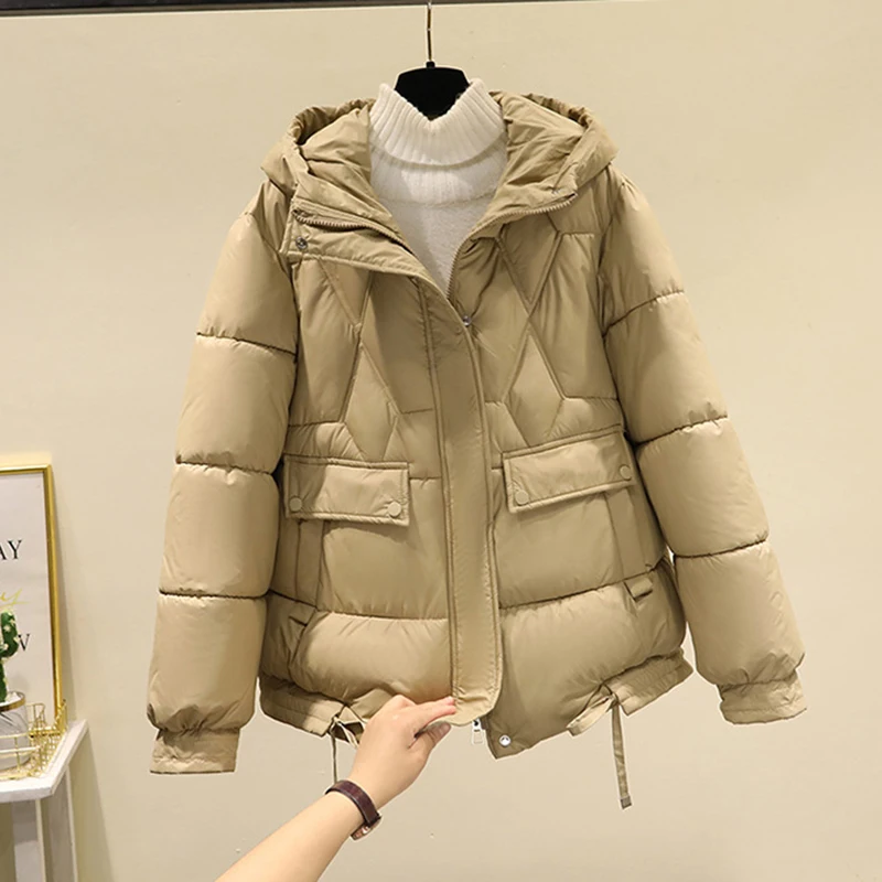 

2023 Winter Oversized Women Fashion Parkas Hooded Female Puffer Jacket Casual Cotton Padded Overcoat Thicken Warm Outerwear