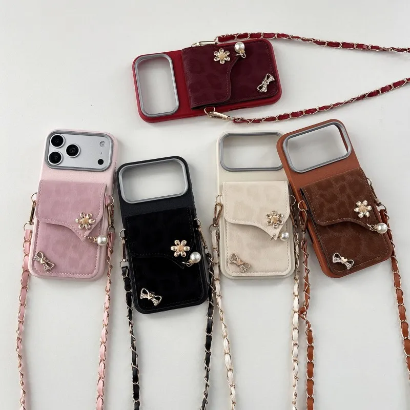 Luxury Leopard Wallet Case with Diamond Pearl Card Holder and Crossbody Strap