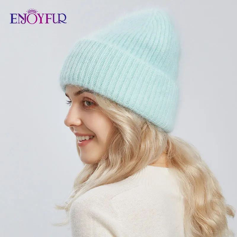 ENJOYFUR – chapeau en laine Angora pour femme, bonnet tricoté doux et  épais, à la mode, large, uni, marque de Ski russe