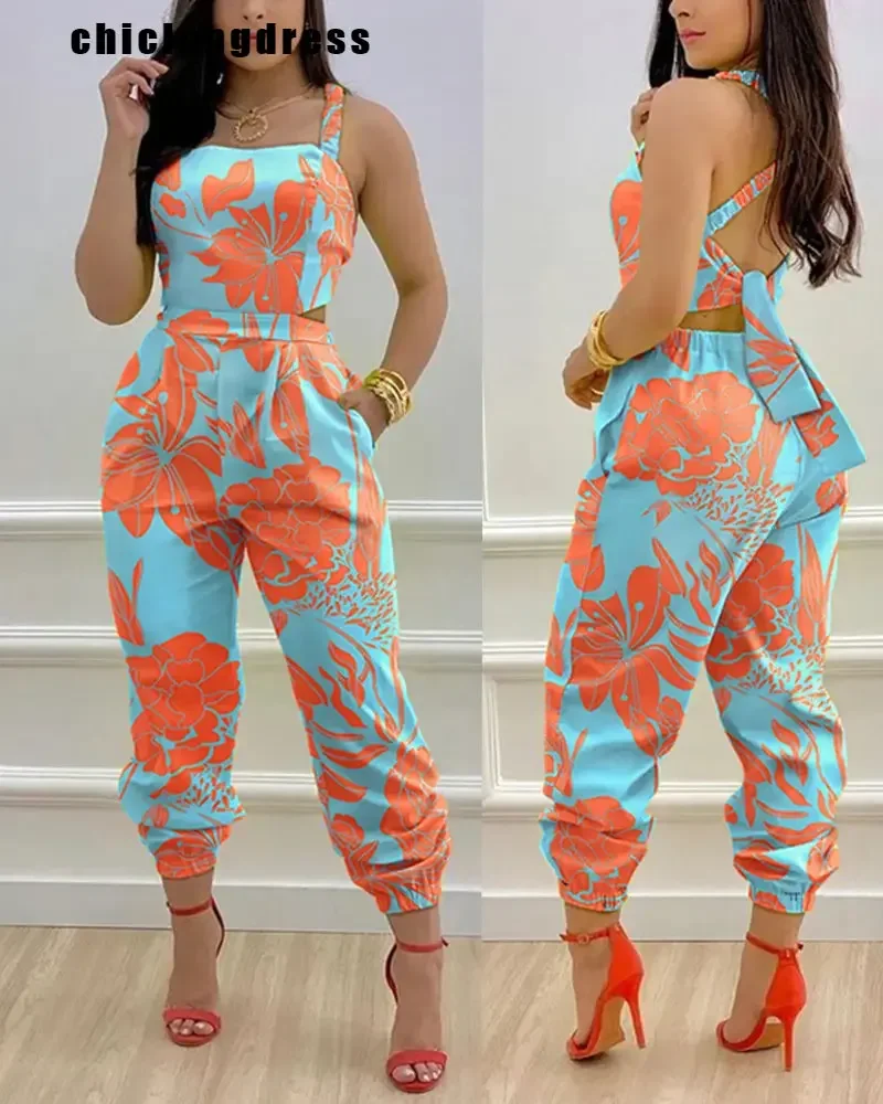 Summer Sleeveless Long Jumpsuit Women Fashion Casual Printing Square Neck Sleeveless Hollowed-out Backless Jumpsuit Women