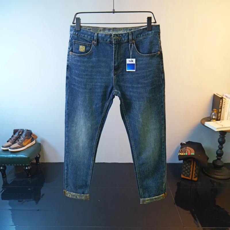 Chinese Fashion Embroidered Printed Jeans Men's Casual All-Match Fashion High-End Stretch Slim Fit Ankle Tight Trousers Men's