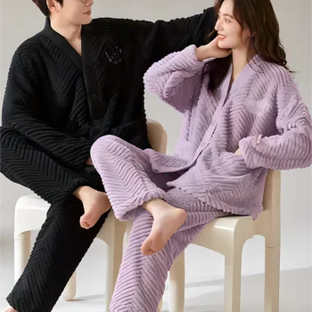 커플룩 피자마 룸웨어 겨울 따뜻한 잠옷, 빅 사이즈 잠옷, 남녀공용 세트, 한국 스타일 투피스, 나이트 원피스, 로맨틱