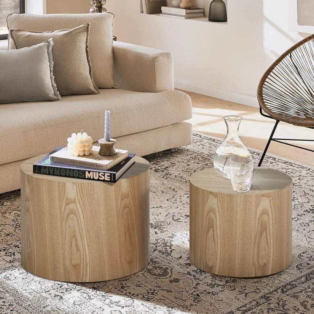 Round Coffee Table Set of 2, Nesting Coffee and End Table Set Wood Small Circle Drum Side Table for Living Room Office 3