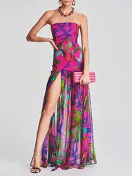 Women Summer Evening Party Tube Dress Leopard Print Strapless Backless High Slit Long Dress Y2k Mesh Patchwork Cocktail Dresses