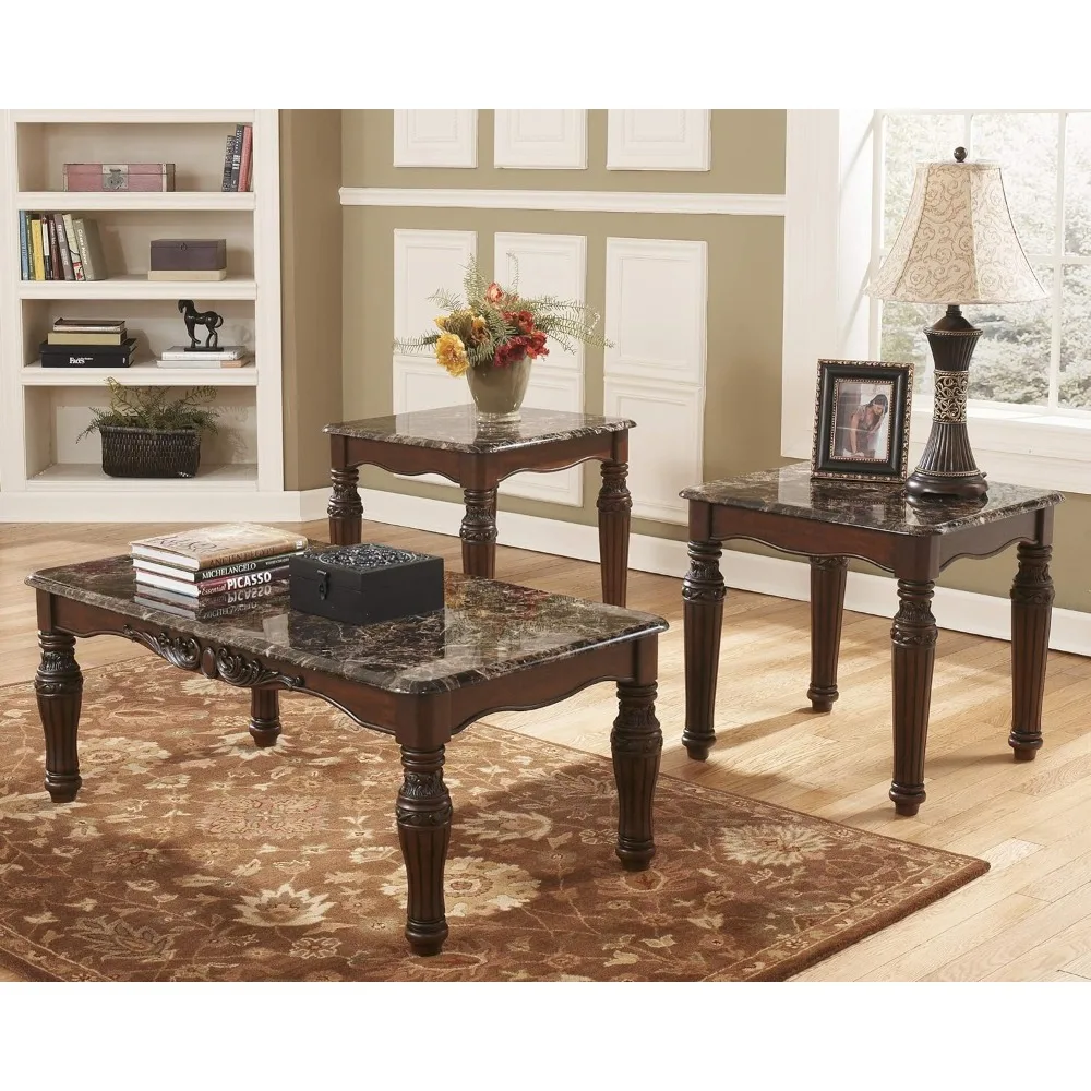 North Shore traditional faux marble 3-piece table set includes coffee table and 2 end tables cafe furniture set for living room
