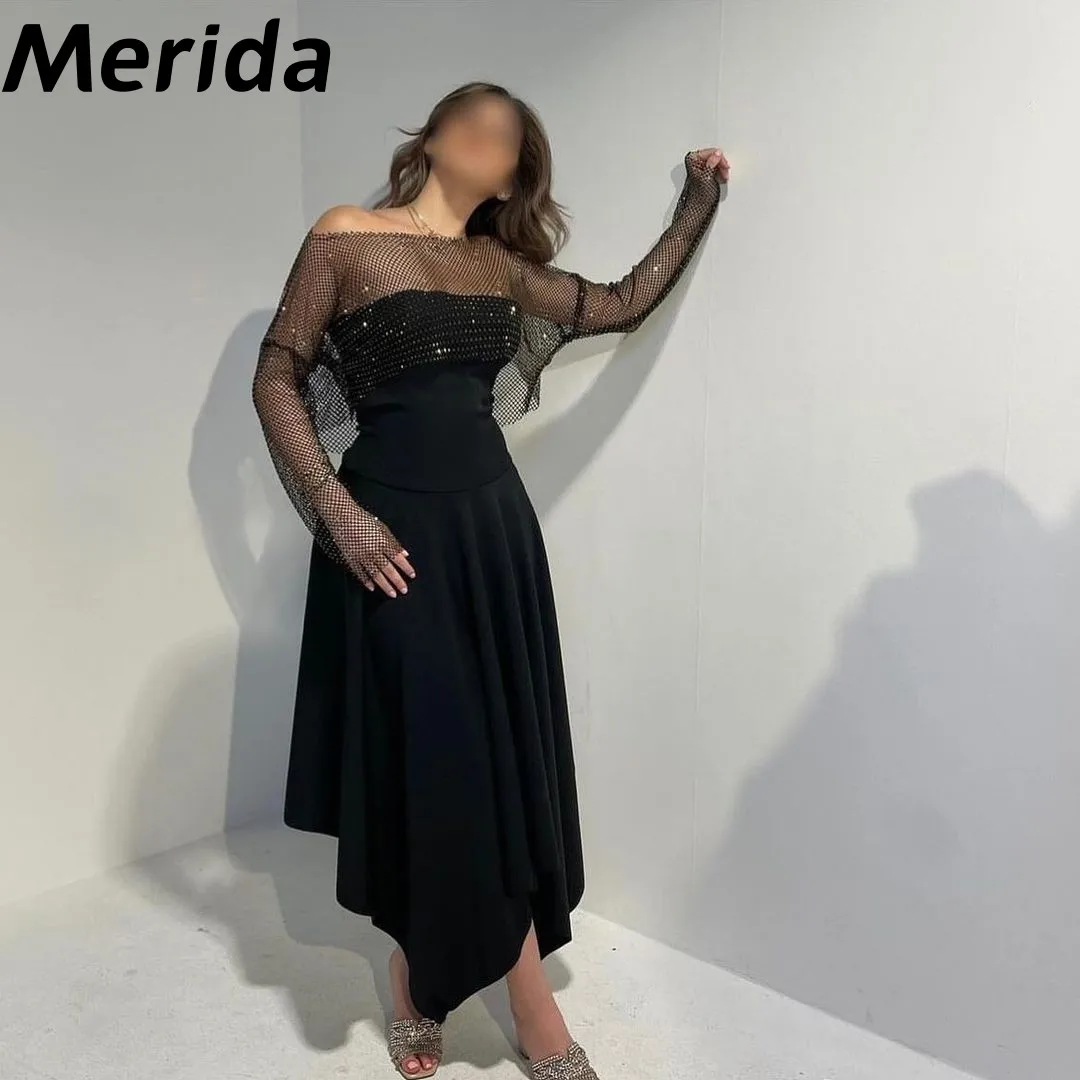 

Tulle Long Sleeves Beads Prom Dresses 2024 Strapless A-Line Ankle-Length Elegant Formal Occasion Dresses فساتين مناسبة رسمية
