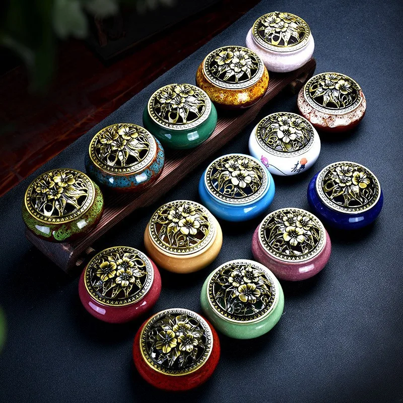 مبخرة لوحة تكسير الثلج من السيراميك، غطاء نحاسي لتزيين المنزل، لوحة بخور من سبيكة عتيقة، موزع برائحة البخور