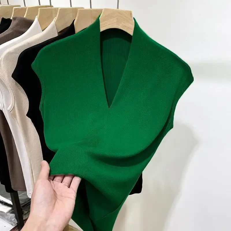 V-neck-Sleeveless-Women-s-T-shirt-Women-Knitted-Versatile-Slim-Fit ...