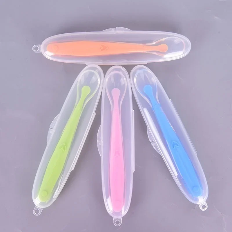 

Baby Feeding Spoons Training Children Infant Temperature Sensoning Food Grade Flatware Tableware Cutlery Silicone Spoon With Box