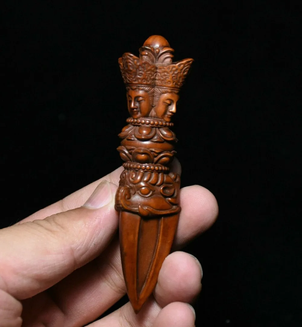 

4" Old Tibet Buddhism Boxwood Wood Carved Buddha Head Statue Phurba Dagger Holder