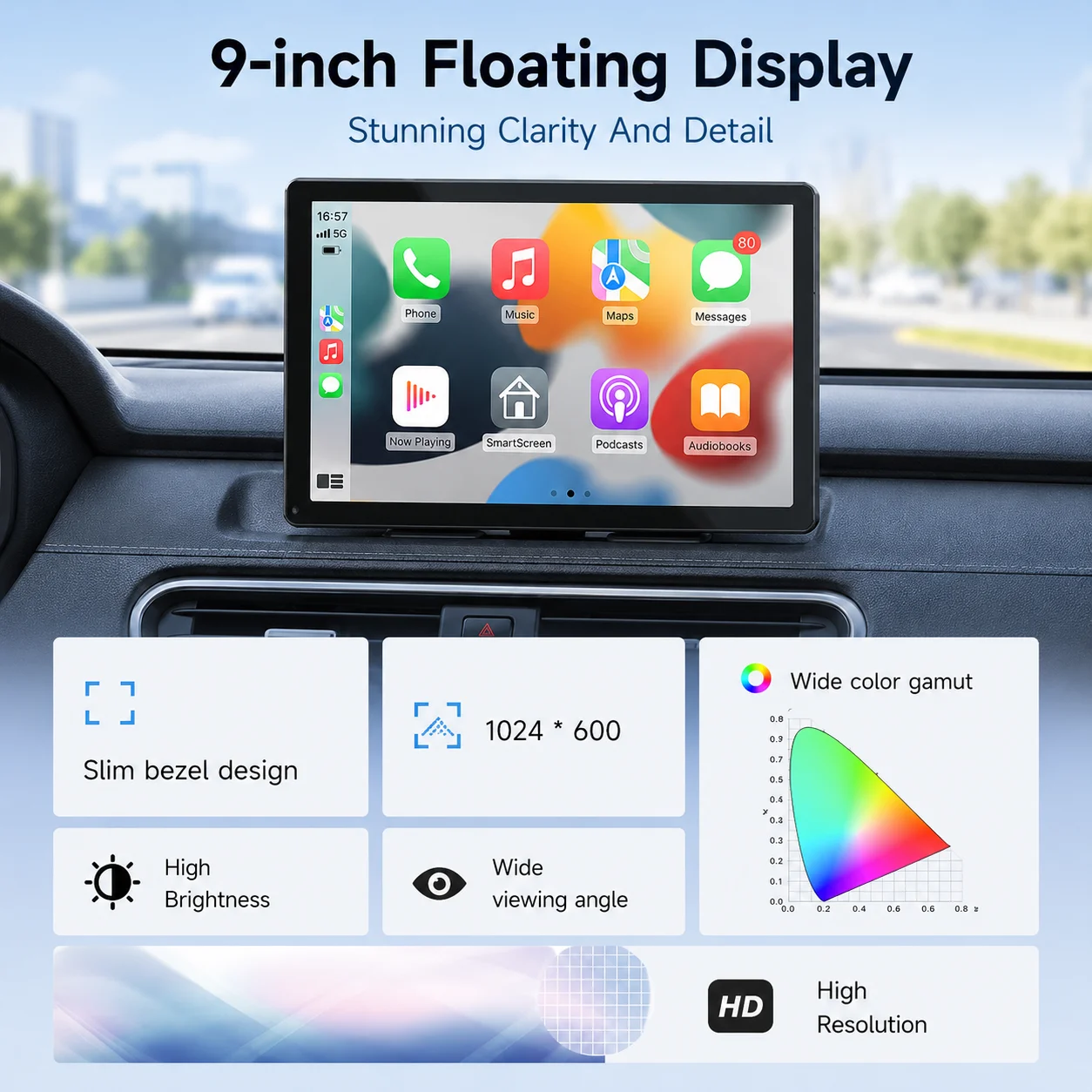 ZRGAE Pantalla Portátil Carplay de 9 Pulgadas, Reproductor Estéreo Multimedia Universal para Automóvil con Carplay Inalámbrico y Android Auto para Todos los Autos 2