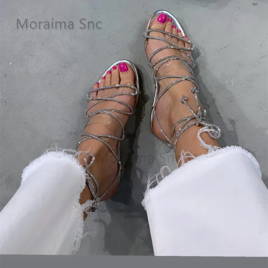 

Silver Rhinestone Flats Sandals for Women Bling Bling Crystal Shoes Summer Transparent Narrow Band Sweet Strappy Sandals Female