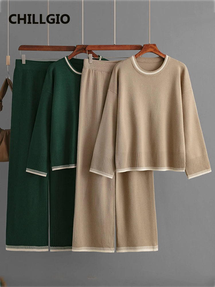 

CHILLGIO Women Knitted Pants Suits Fashion O Neck Long Sleeve Pullovers Wide Leg Pants Tracksuits Two Pieces Casual Sweater Sets