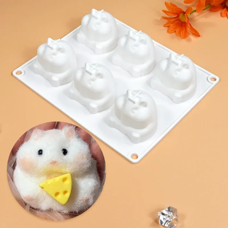 6-hole Hamster Pinching Silicone Mold Kitchen Baking Cute Simulation Animal Mousse Cake Mold Home Plaster Ornament Candle Mold