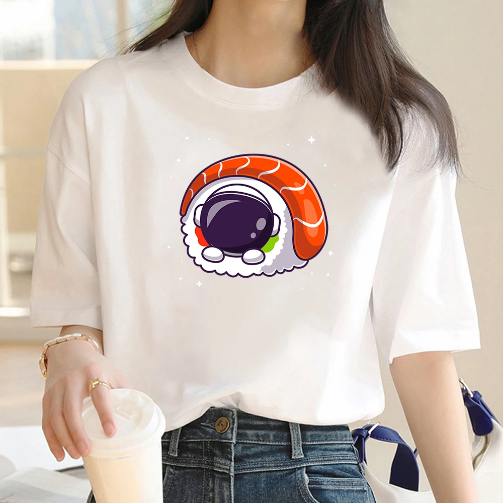 

Women's Cute Versatile T-Shirt Fashion Style Trend Women's Printed Cartoon Astronaut Pattern Black Casual O-Neck Funny T-Shirt.