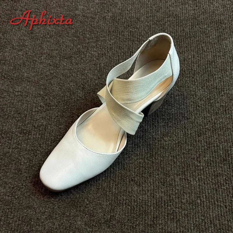 Aphixta Round Tou Ballet Shoes 7CM Square High Heels Woman Shoes Pumps Cross Elastic Band Shallow Woman zapatos de mujer