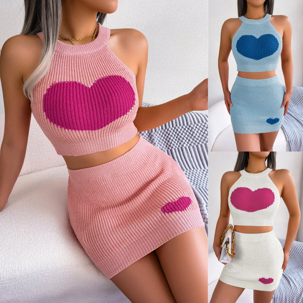 

2 Piece Set for Women Love Color Contrast Navel Top Buttocks Wrapped Skirt Set Womens Outfits