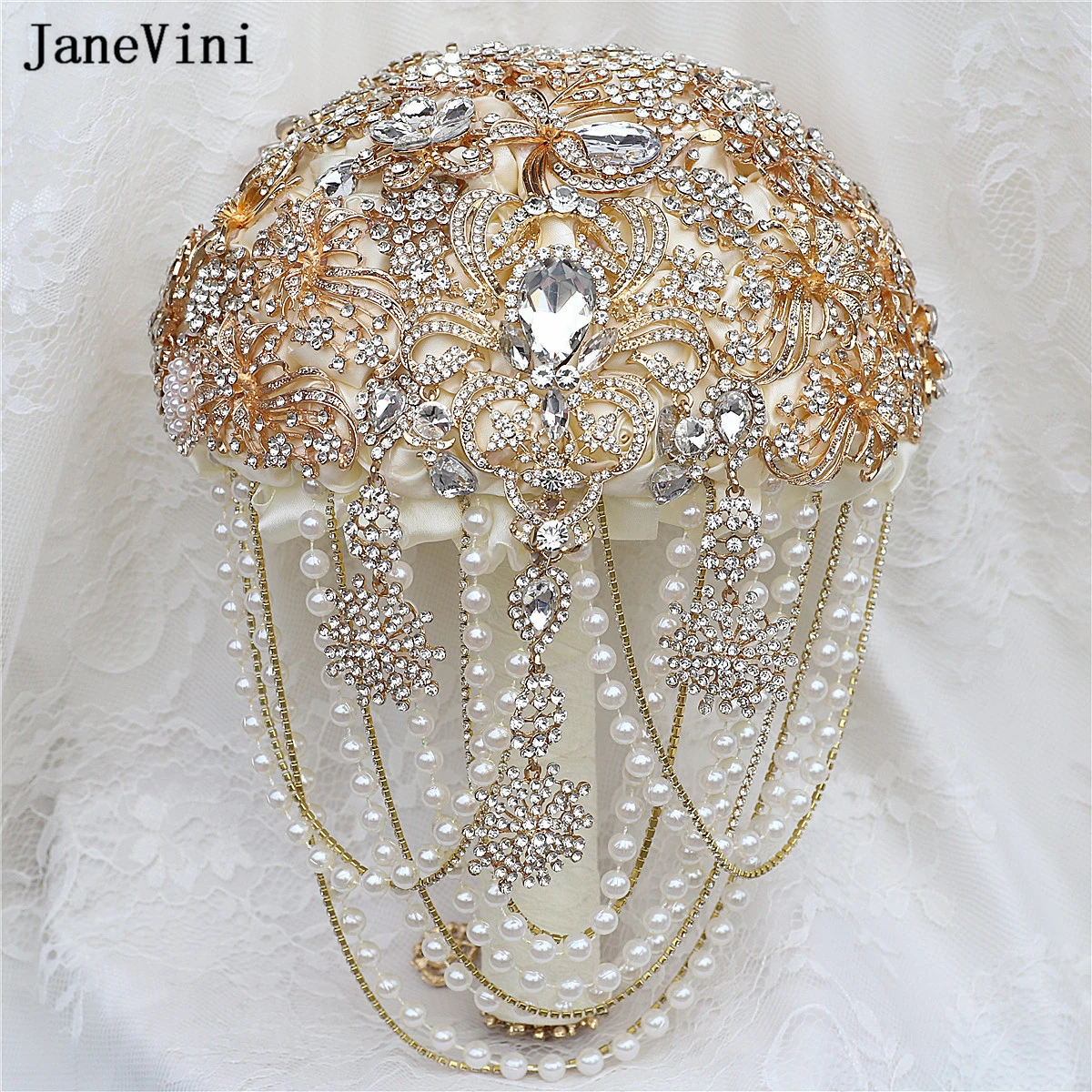 JaneVini Luxury Full Diamond Bridal Bouquets with Gold Jewelry Ivory Satin Roses Pearls Tassels Bride Flower Bouquet for Wedding