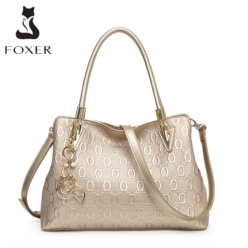 FOXER Occident Style Gold Top Handle Bag Fashion Women's Split Leather Large Capacity Handbag Lady Luxury Shoulder Crossbody Bag