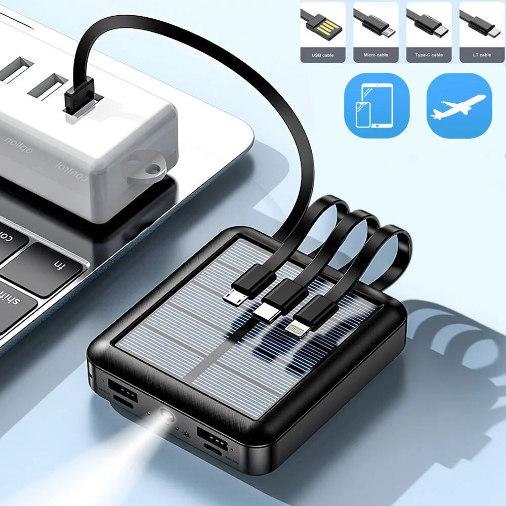 Caricabatteria Usb Portatile Da 30000Mah Per Banca Di Energia Solare Caricabatteria Integrato Cavo Batteria Esterna Per Apple Samsung Power Bank